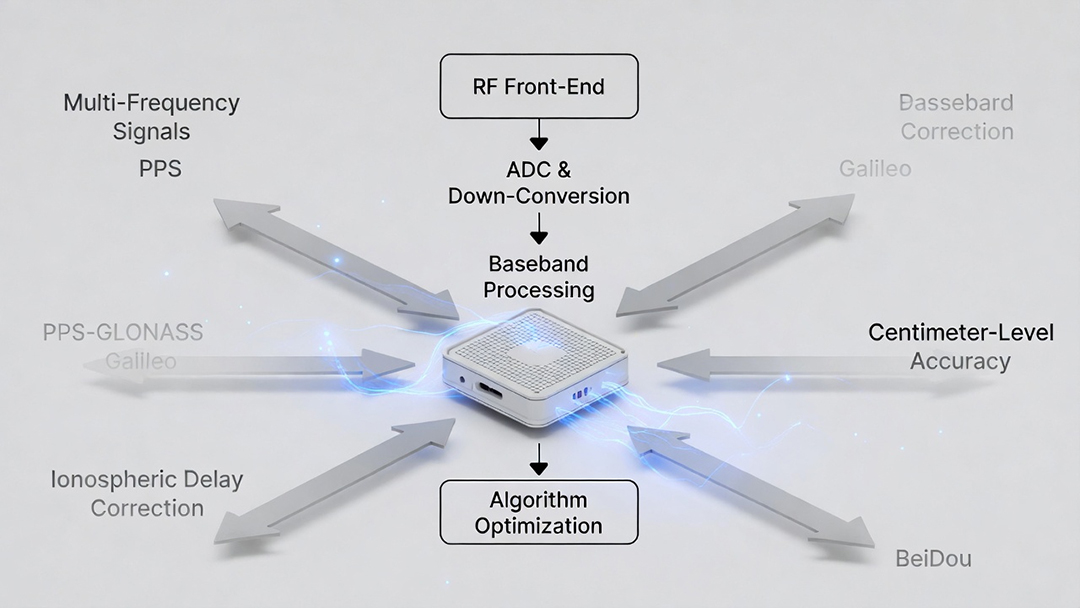 Multi-frequency GNSS receiver efficiently decoding signals for enhanced precision and interference resistance.